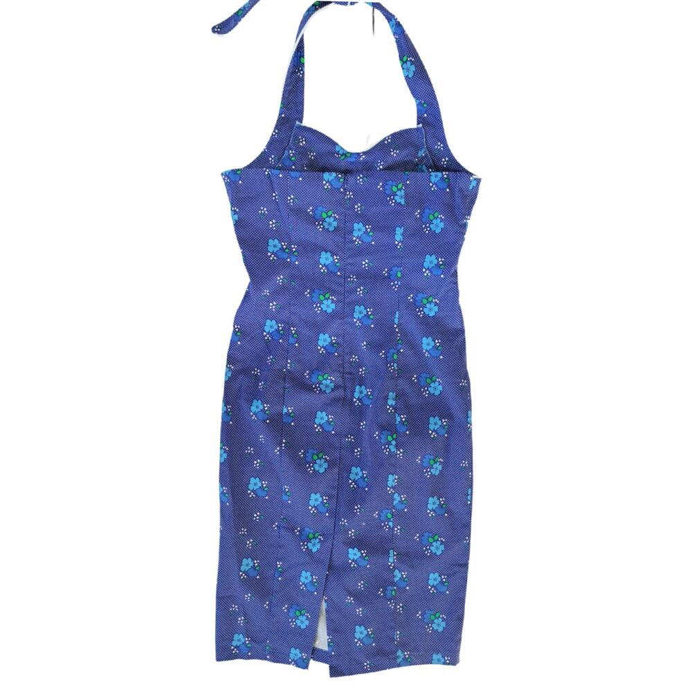 VooDoo Vixen Marcia Blue Floral Pencil Dress Retro Halter XS/S Pinup Rockabilly - Picture 8 of 9